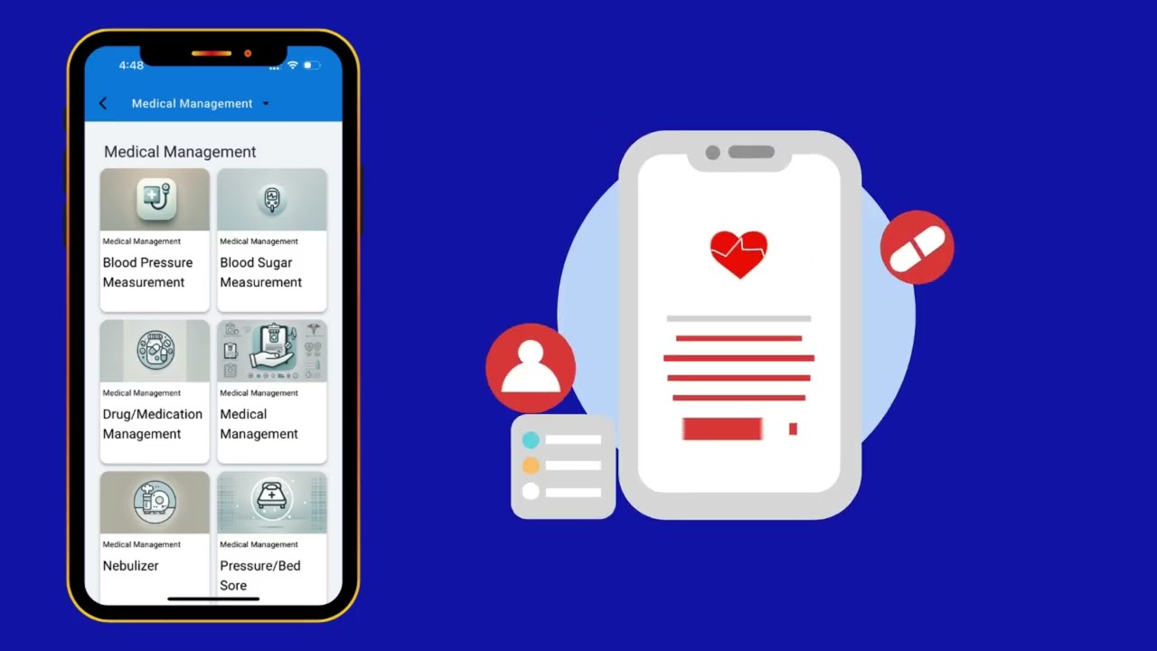 The CareAsha app's Medical Management screen, with blood pressure, blood sugar, medication, nebuliser and pressure-sore care tools.