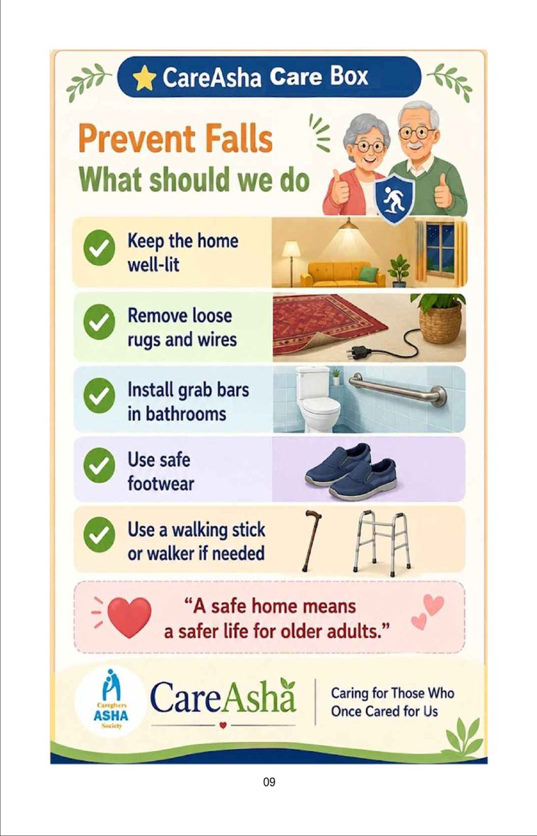 A CareAsha Care Box page listing five steps to prevent falls: keep the home well-lit, remove loose rugs and wires, install grab bars in bathrooms, use safe footwear, and use a walking stick or walker if needed.