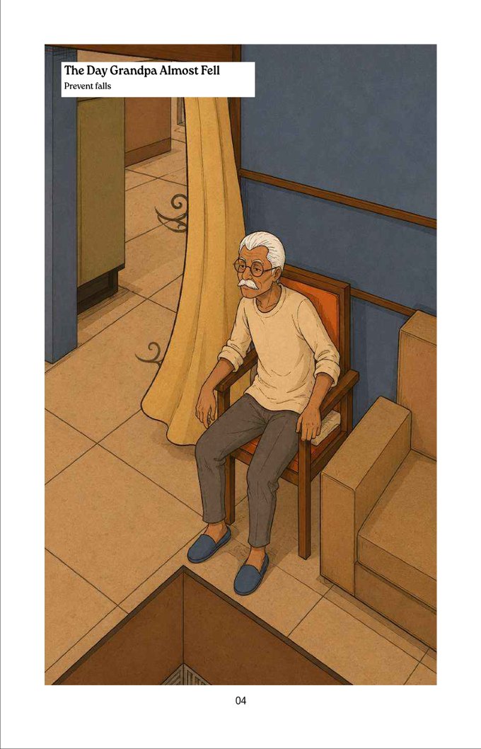 Opening page of the story The Day Grandpa Almost Fell, showing Dadaji seated in a chair at home.