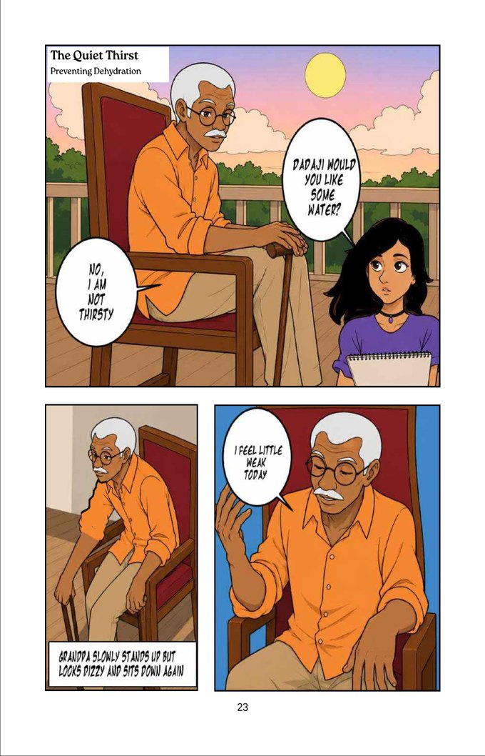 Opening page of the story The Quiet Thirst, showing Dadaji at a window at sunset.