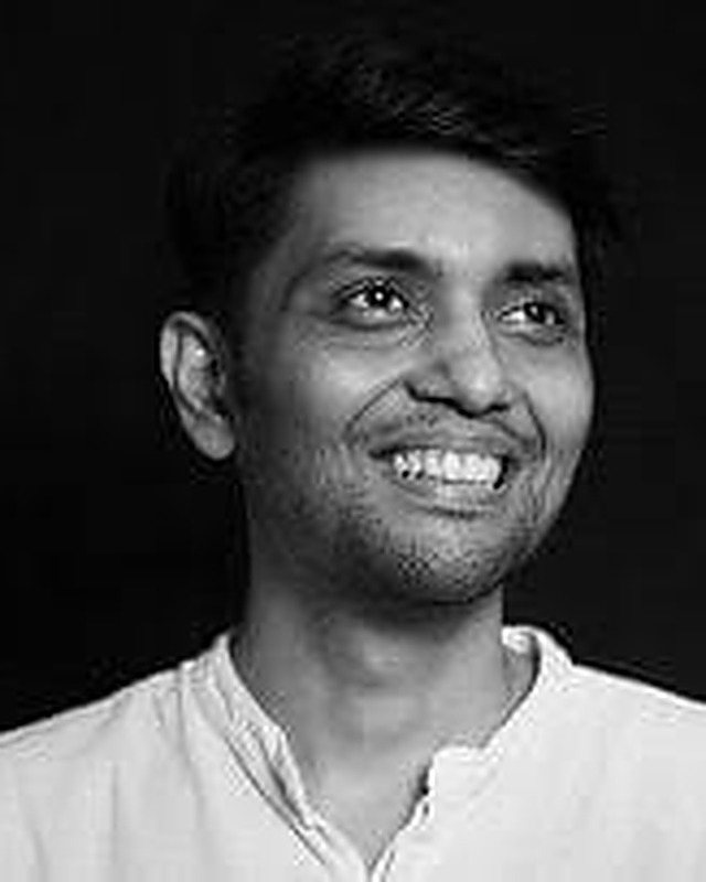 Black and white portrait of sound designer Anandit Roy.